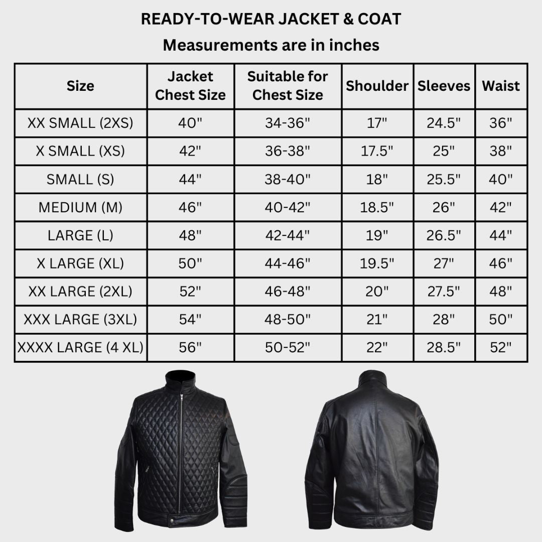 Size chart for black mens quilted leather jacket for biking