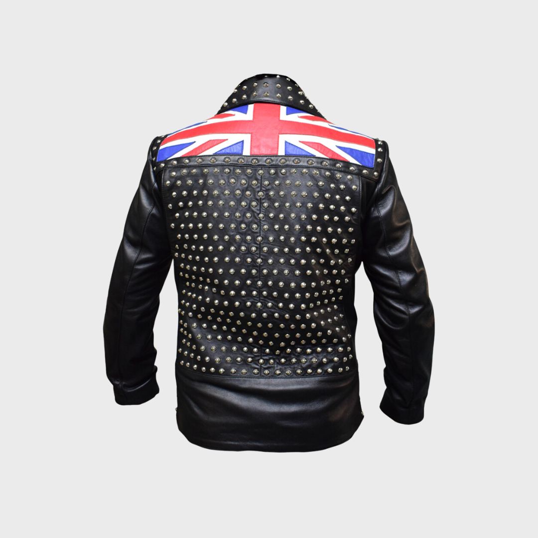 Back of black leather union jack UK flag studded biker jacket for men