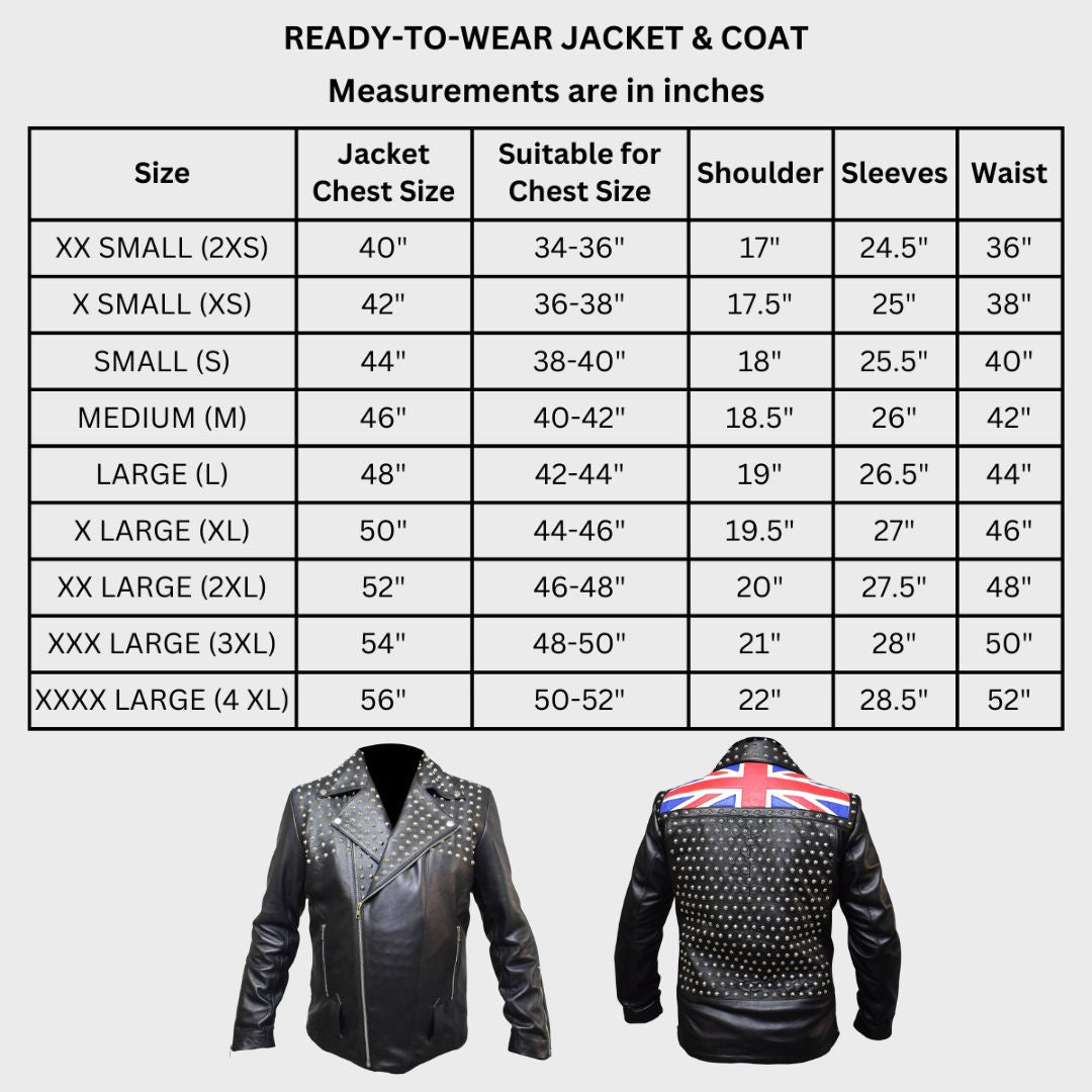 Size chart of UK flag leather biker jacket