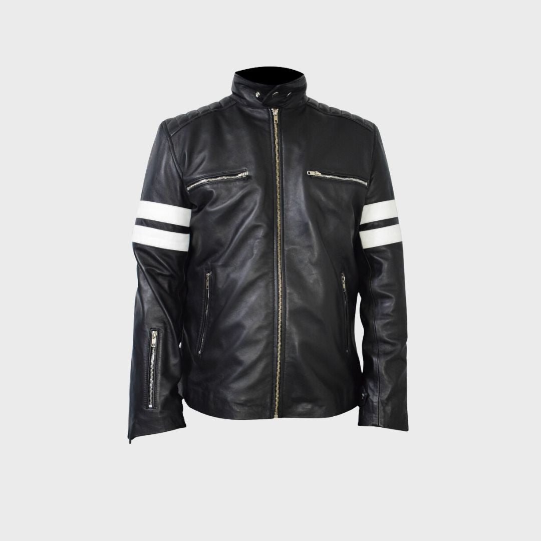 Black leather racer jacket with white stripes and zipper pockets for men