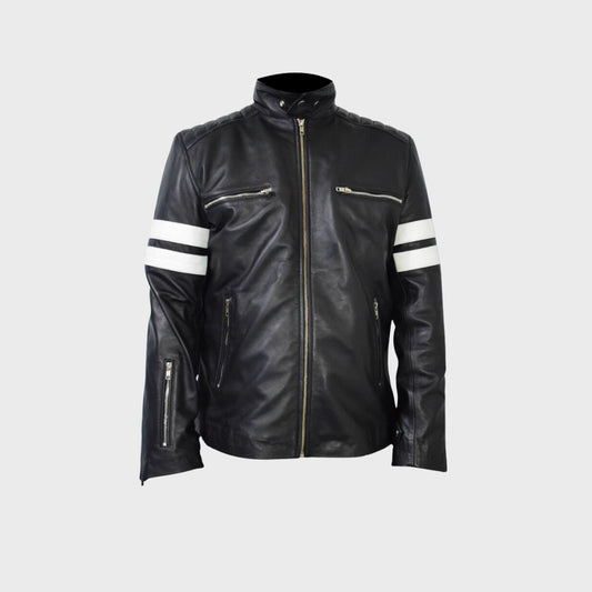 Black leather racer jacket with white stripes and zipper pockets for men