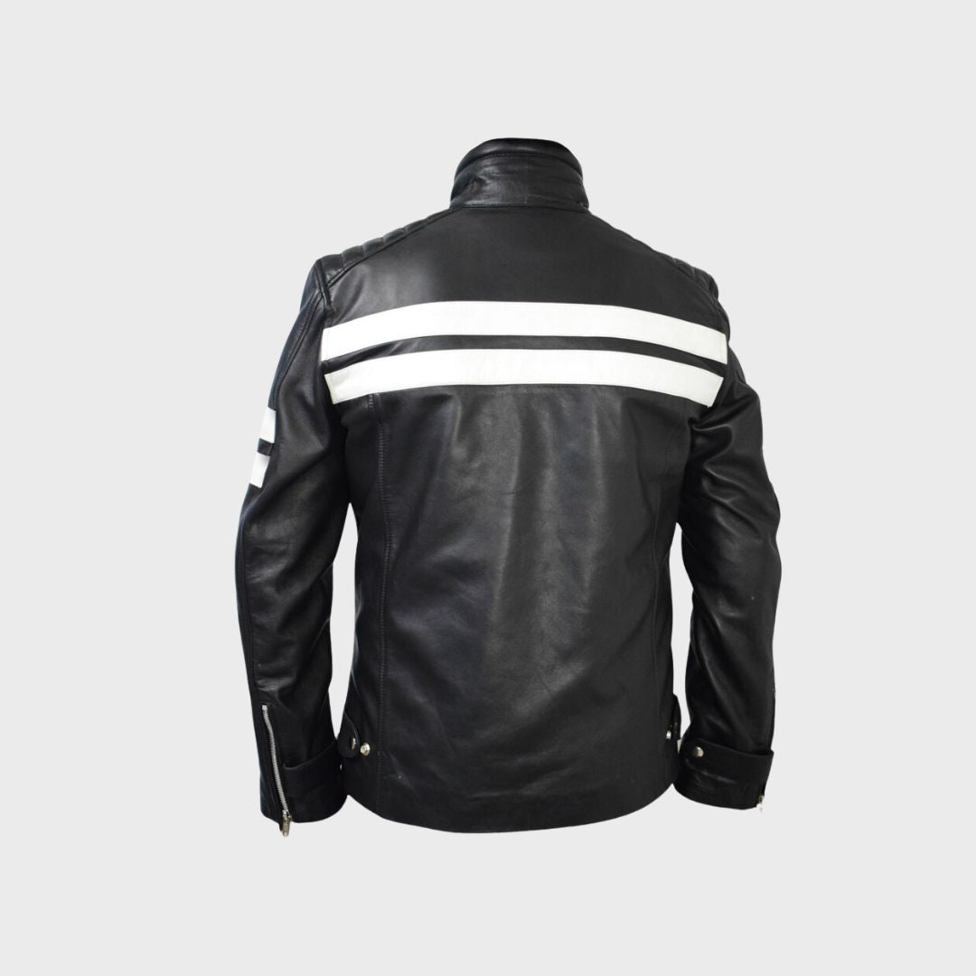 bold white stripes on back of quilted leather jacket 