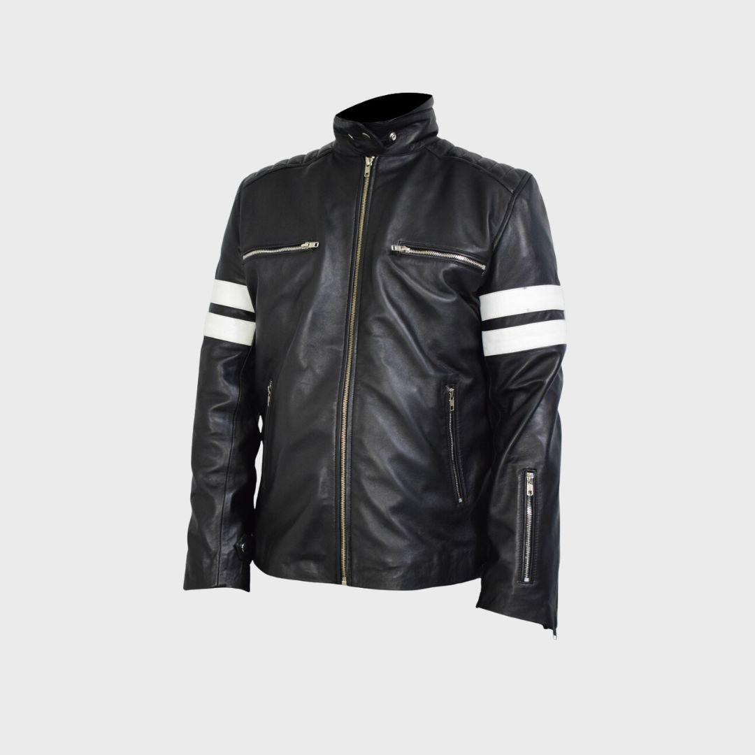 Zipper fastening quilted leather biker jacket with white stripes