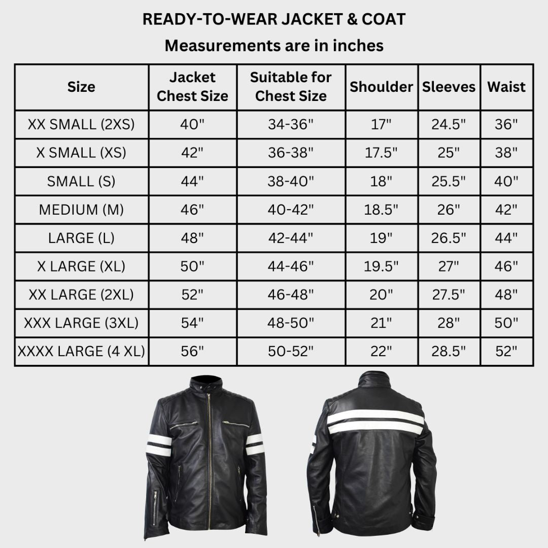 Size chart for mens black leather white stripes jacket with zipper pockets