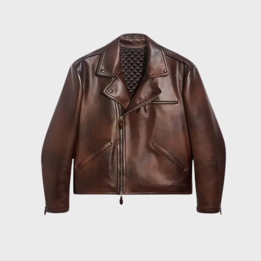 Patina brown leather vintage biker jacket with half belt at the back