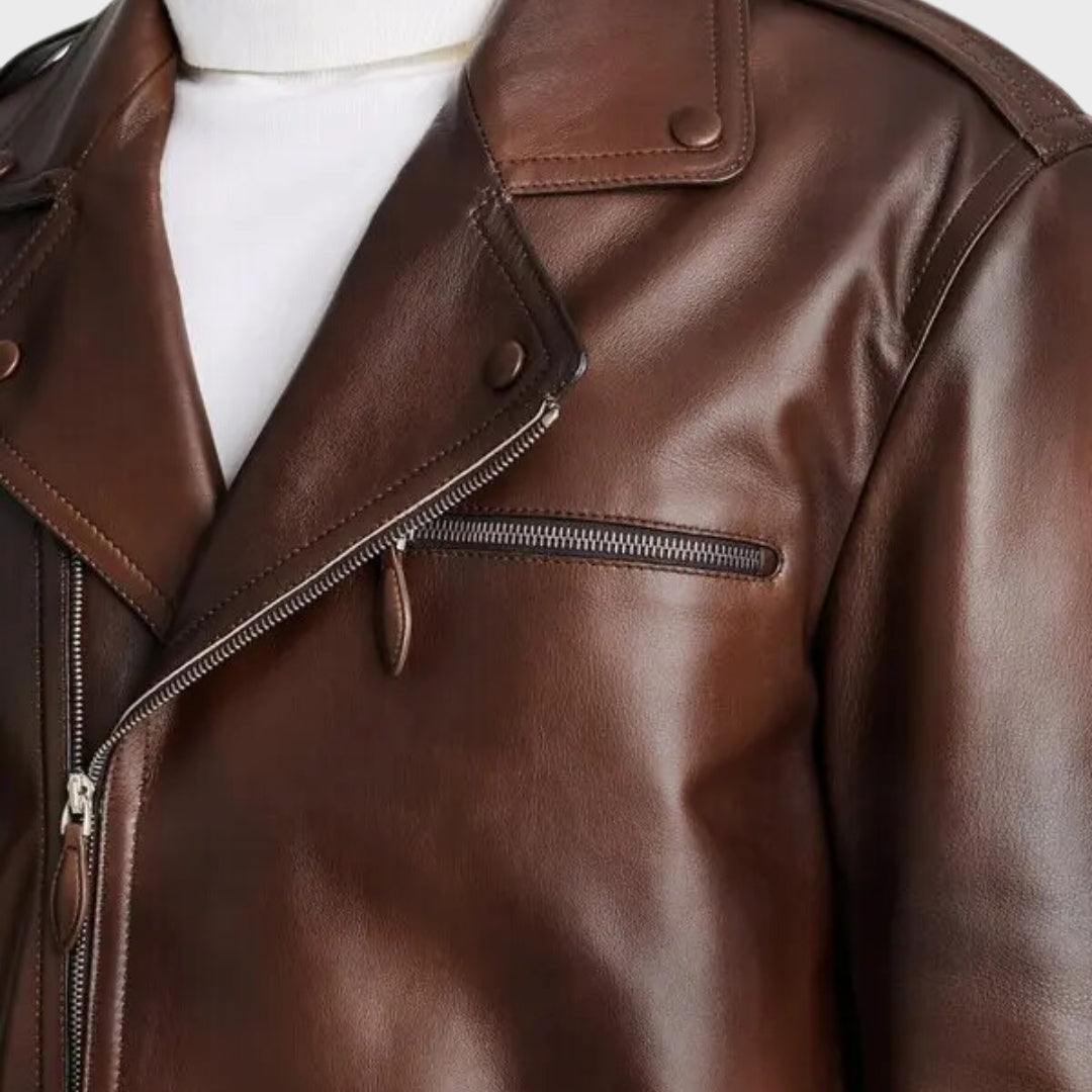 zipper chest pocket on brown leather vintage biker jacket