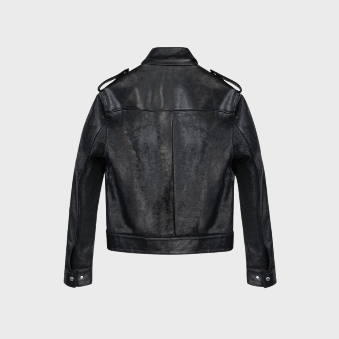 Back of black leather cowhide biker jacket with shoulder epaulettes and snap button sleeves