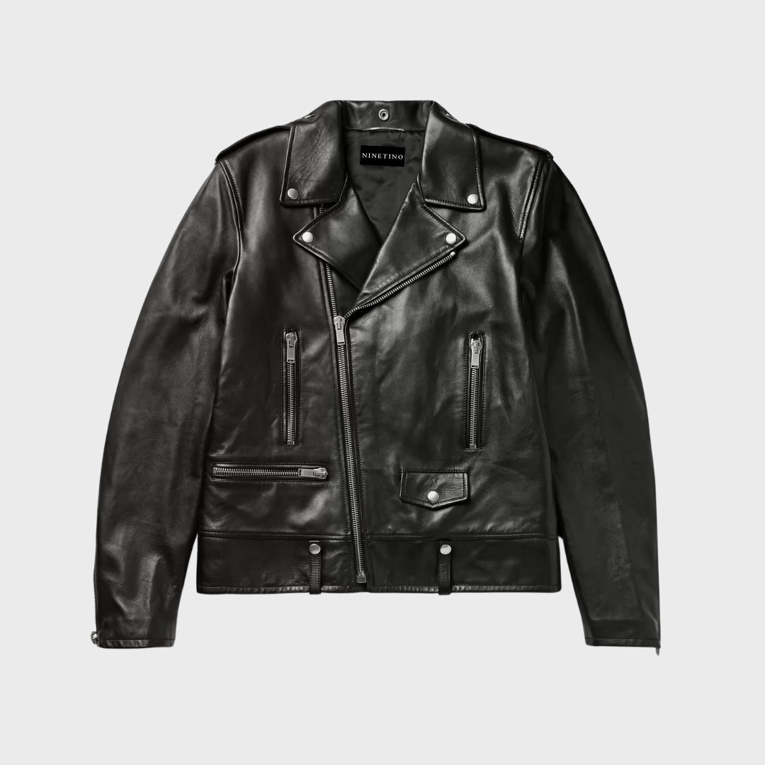 lambskin black leather biker jacket w/ zipper pockets & notch collar