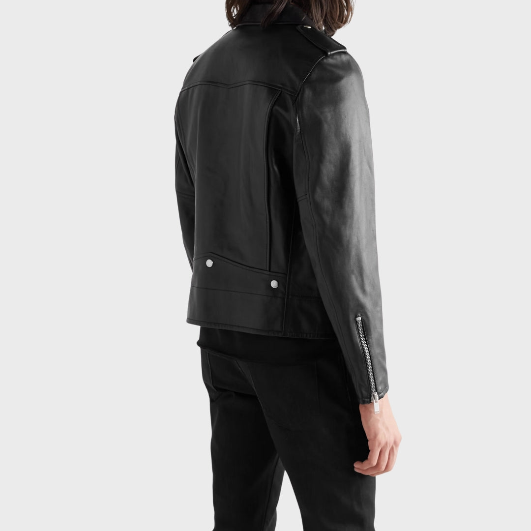 Back of mens black leather biker jacket with zipper cuffs and zipper pockets