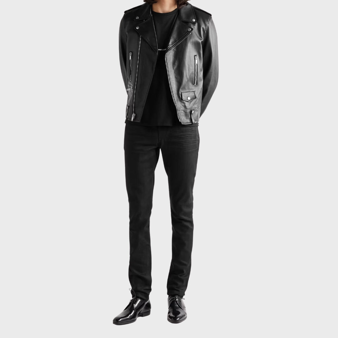 men's black leather biker jacket w/ black office derby shoes