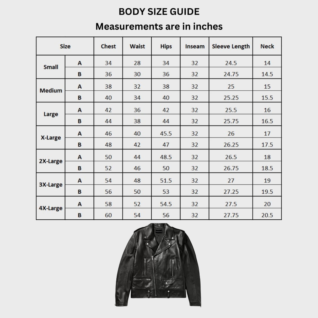 Size chart of black leather biker jacket for men