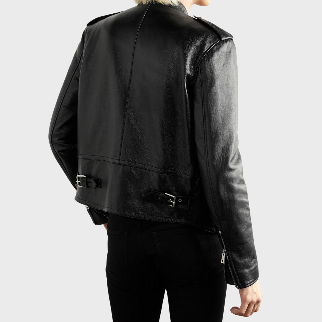 Back of black leather biker jacket with waist belt and shoulder epaulettes