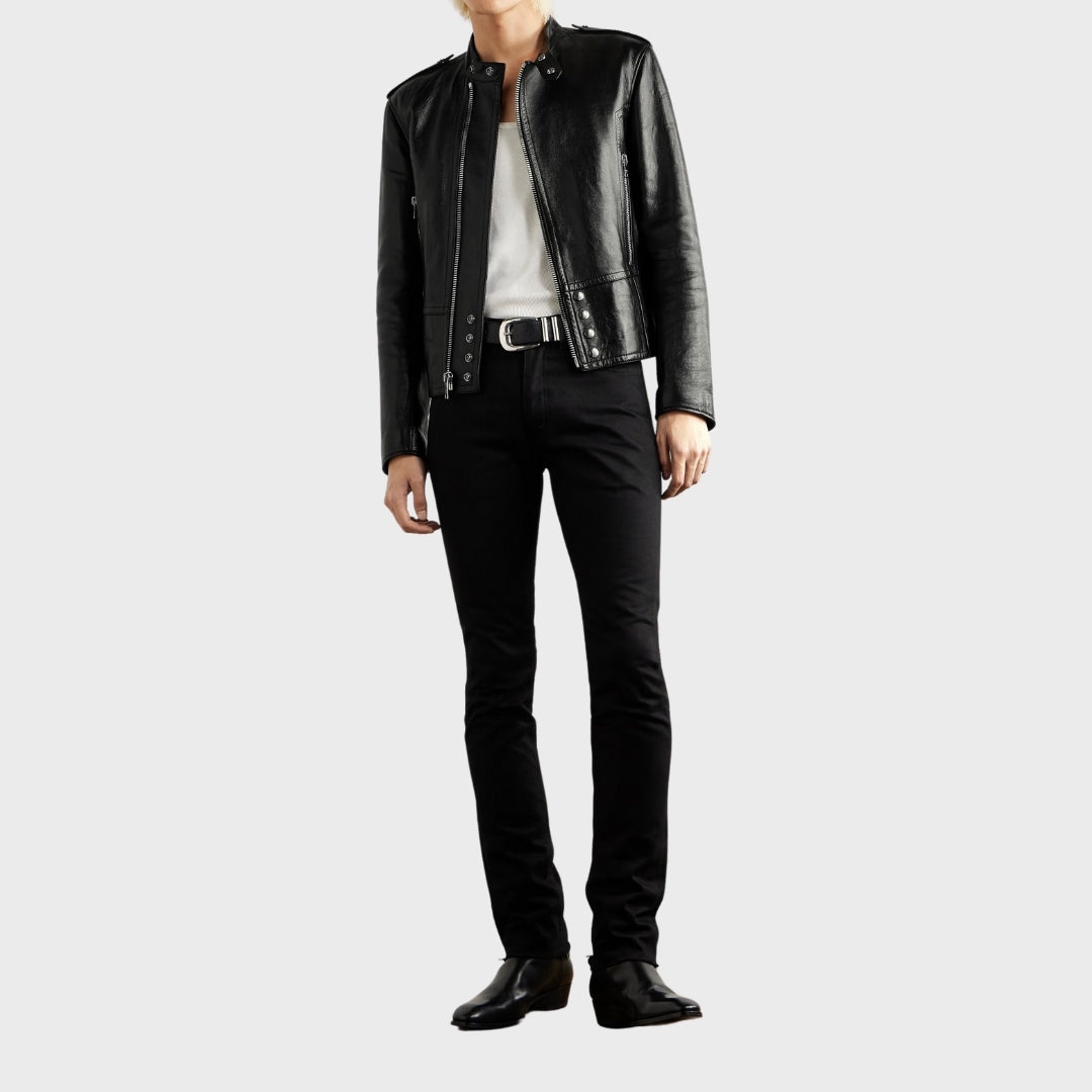 Men wearing black leather biker jacket w/ zipper fastening and waist buttons