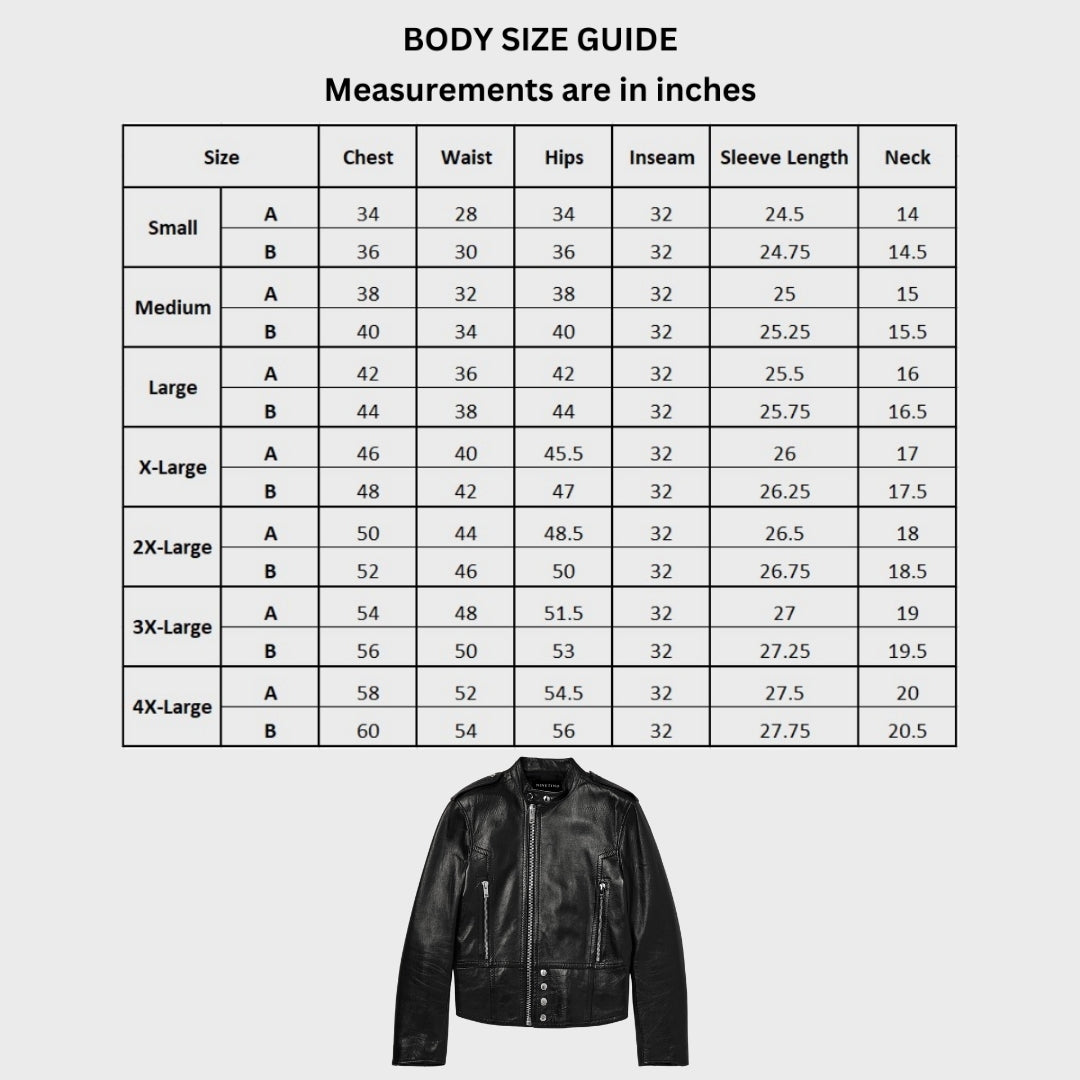 Size chart of 100% real lambskin biker jacket w/ zipper pockets & shoulder epaulettes