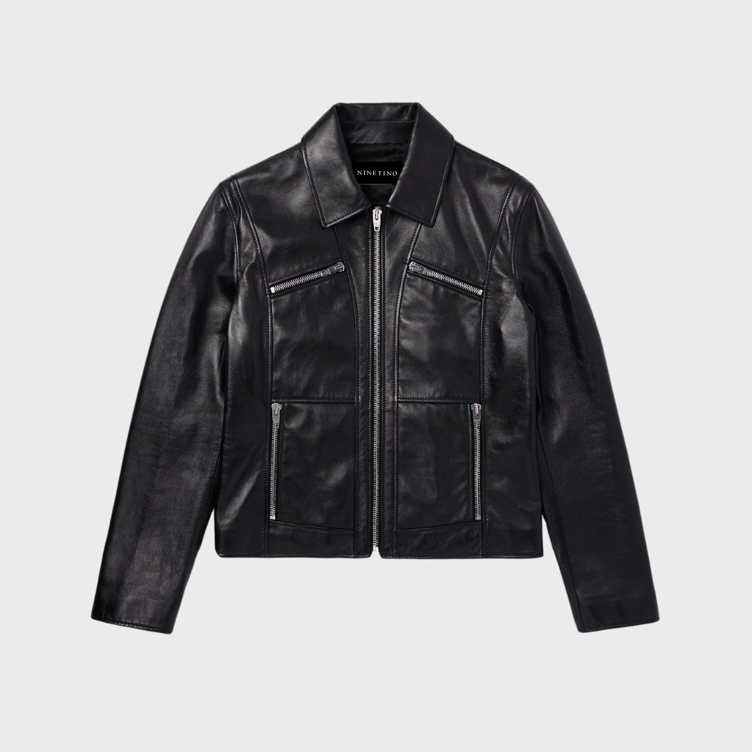 100% lambskin biker jacket with zipper pockets & shirt collar for men