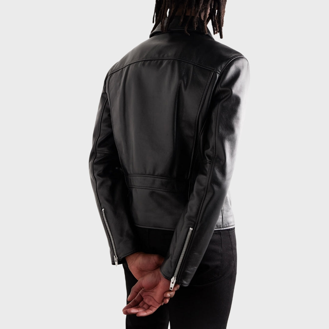 Back of 100% lambskin biker jacket with zipper pockets & shirt collar for men