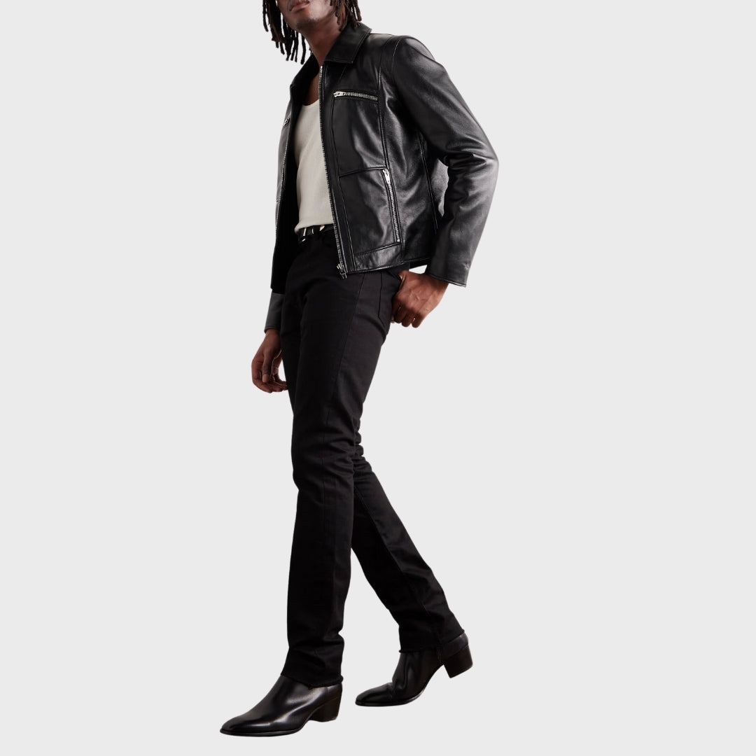 Black guy with long hair wearing 100% lambskin biker jacket with zipper pockets & shirt collar for men along w/ black shoes