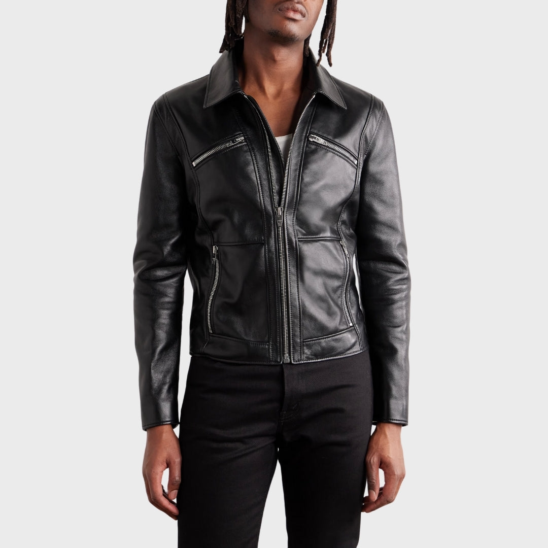 Black boy wearing 100% lambskin biker jacket with zipper pockets & shirt collar for men