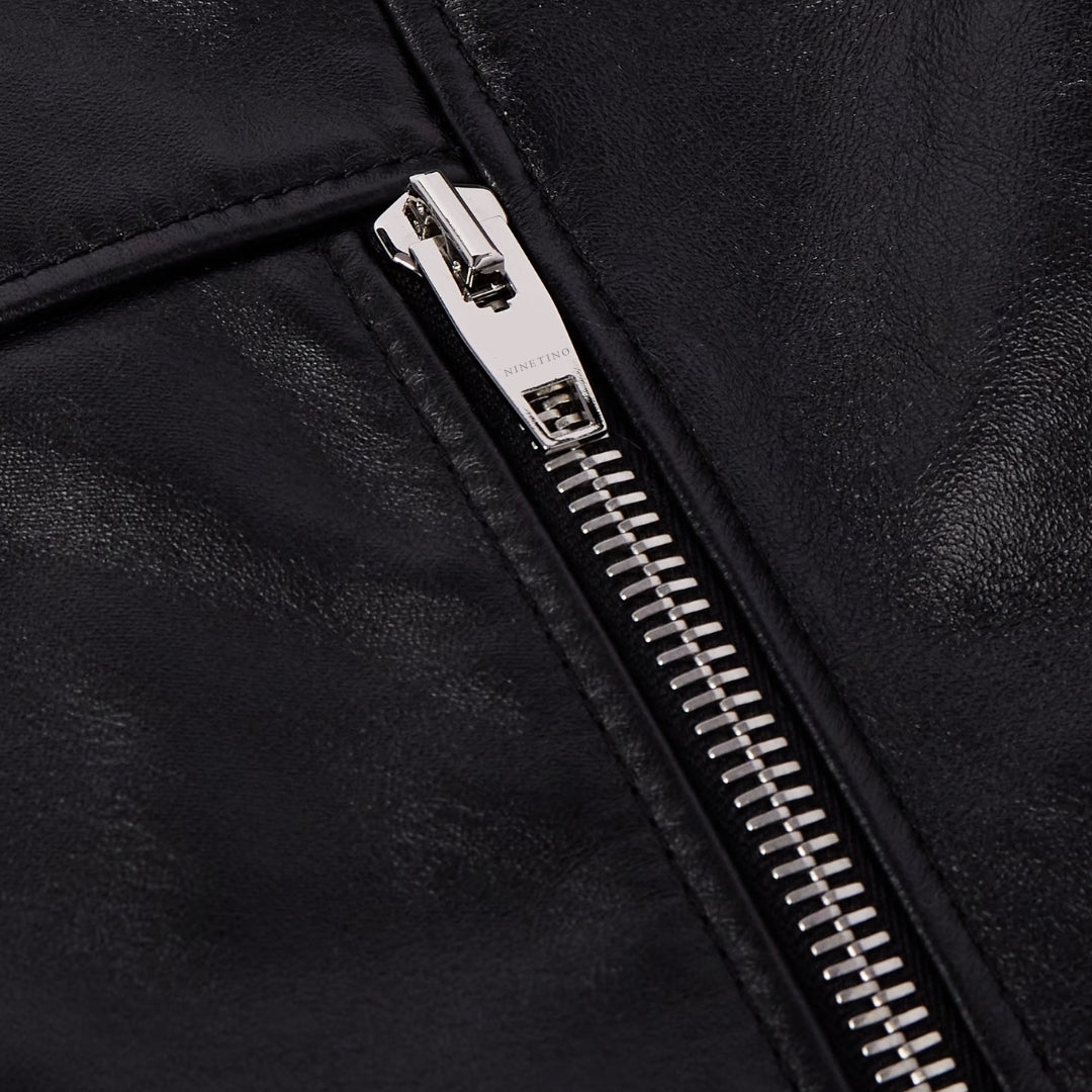 Ninetino zipper fastening on 100% lambskin biker jacket with zipper pockets & shirt collar for men