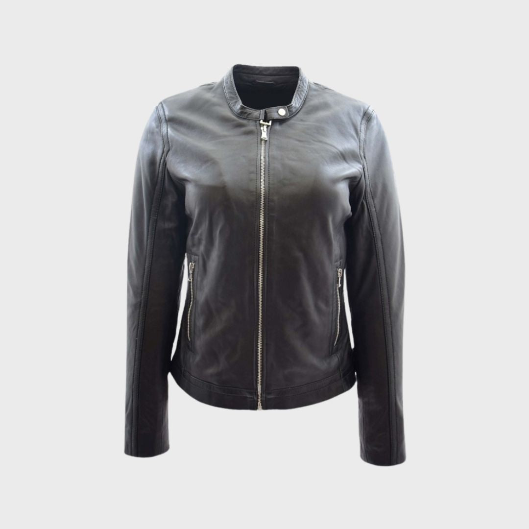 Women’s black leather biker jacket with banded collar and zip pockets.