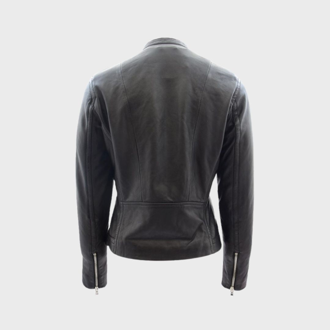 Black leather biker jacket for women with zipper sleeves and soft lambskin.