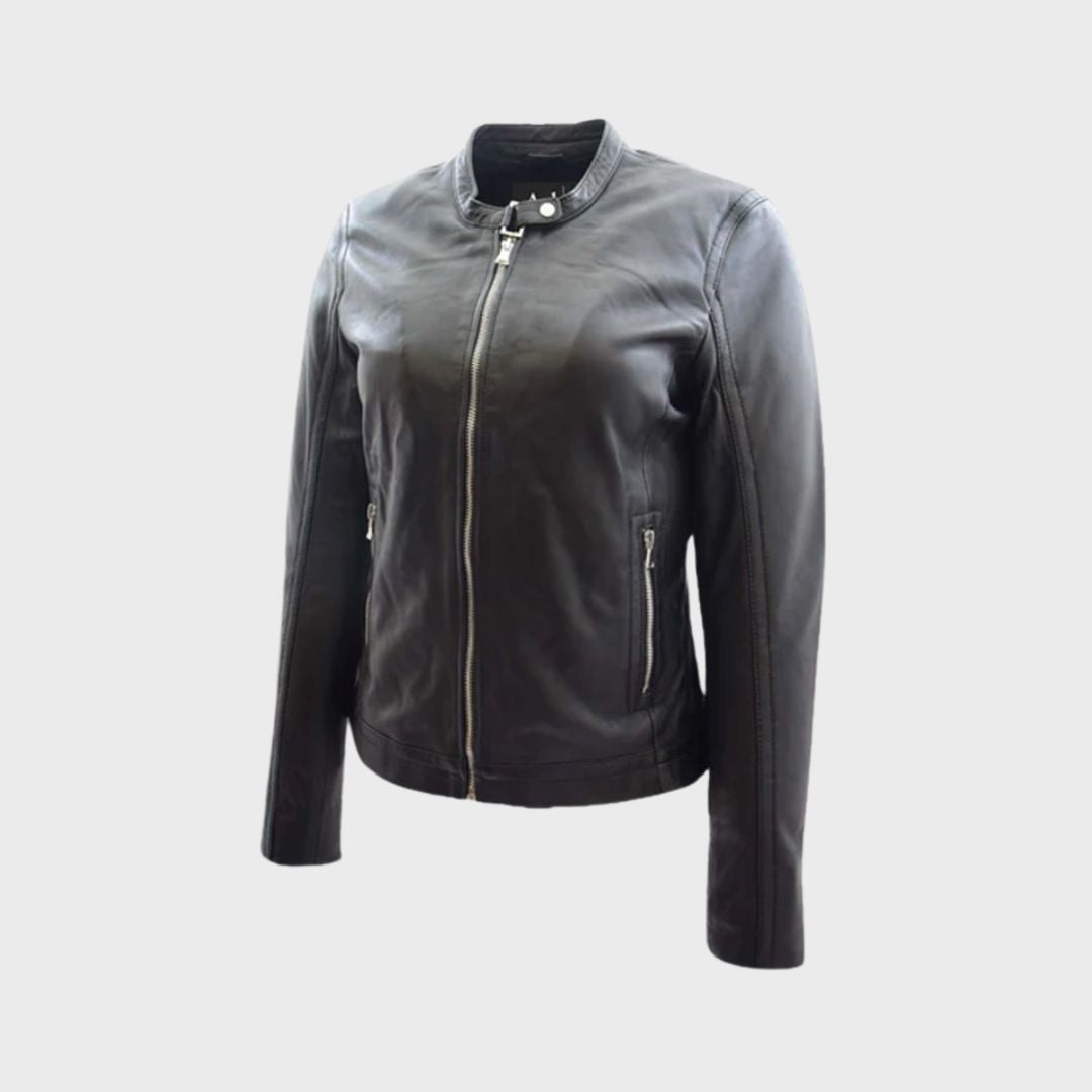 Lambskin black leather biker jacket for women with banned collar.