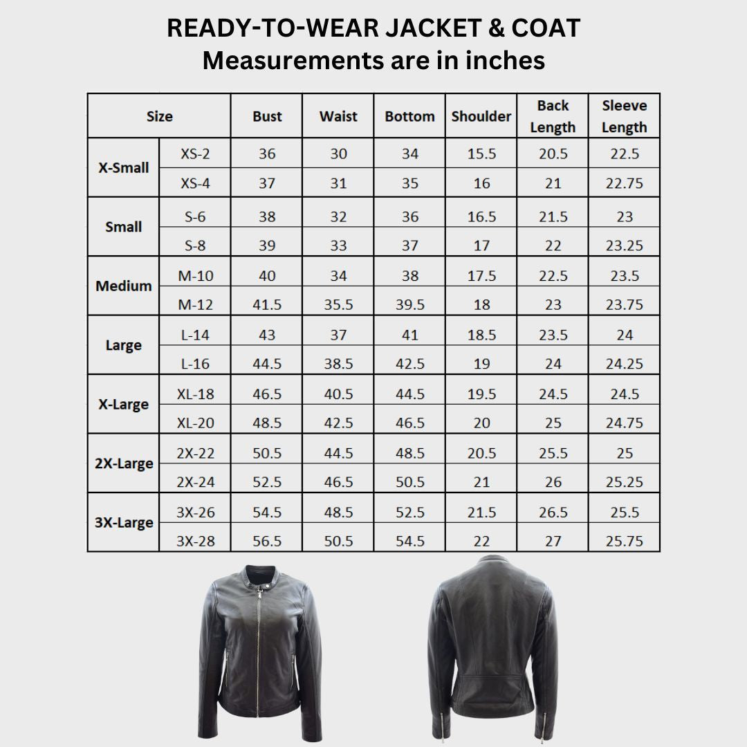 Size chart for a sleek women’s black leather jacket with zipper pockets and banded collar.