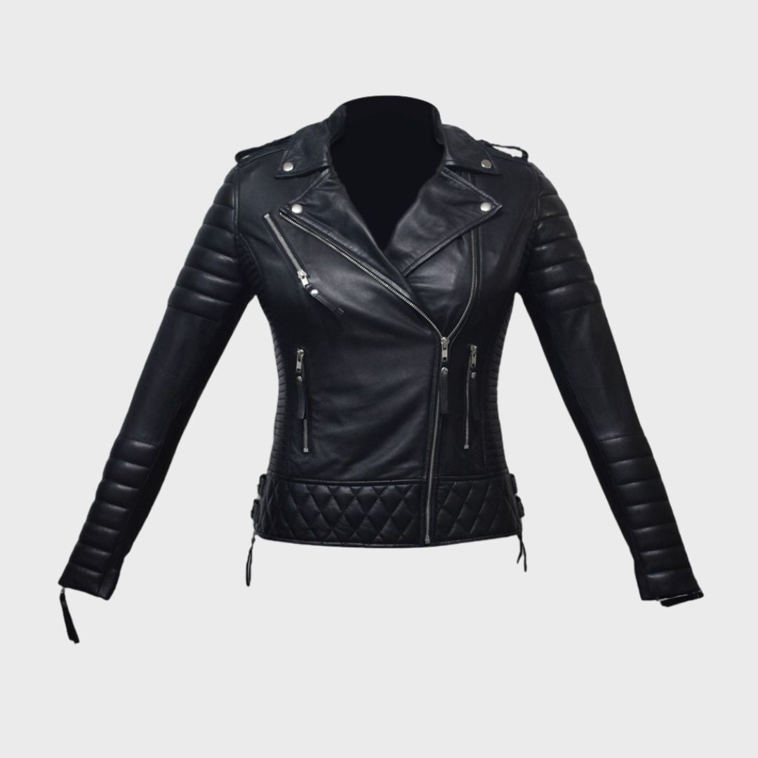 Women’s black quilted leather biker jacket with notch collar and three zip pockets by Ninetino.
