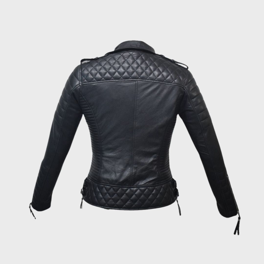 Black leather quilted biker jacket for women with bust and body zipper pockets, sold by Ninetino.
