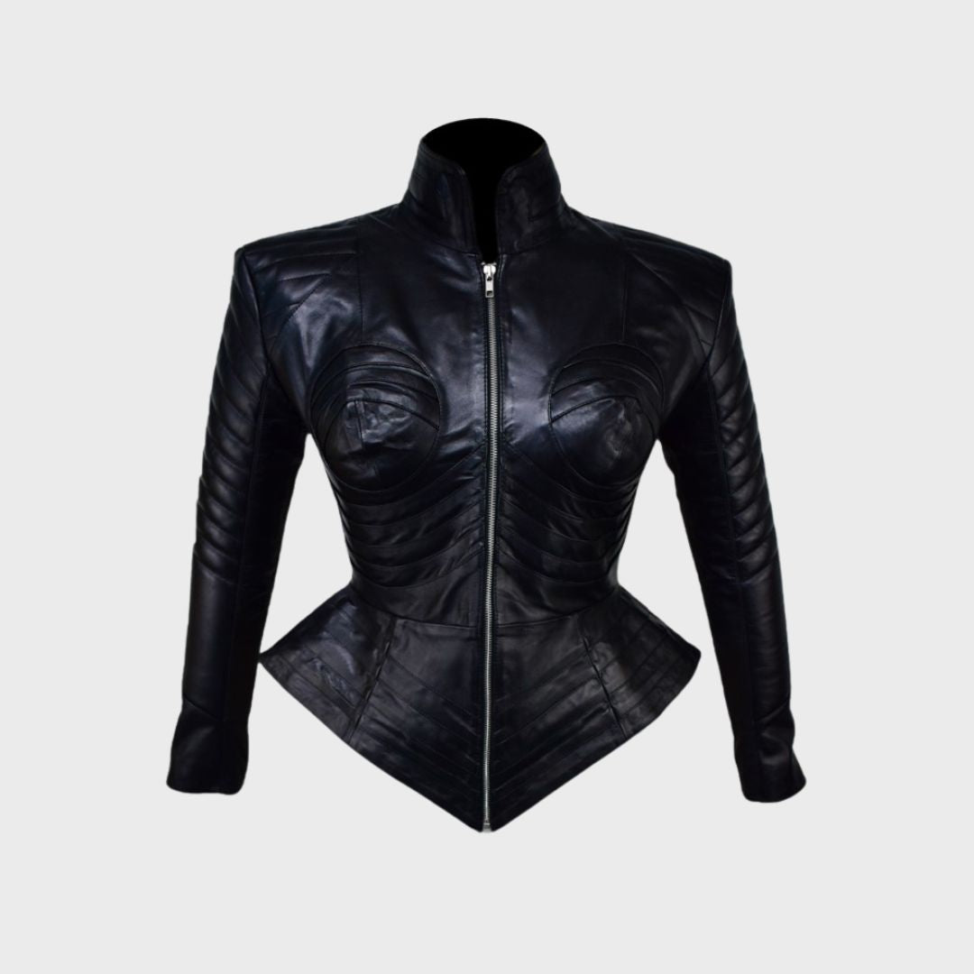 Women’s black padded leather biker jacket with mock collar and zipper sleeves by Ninetino.