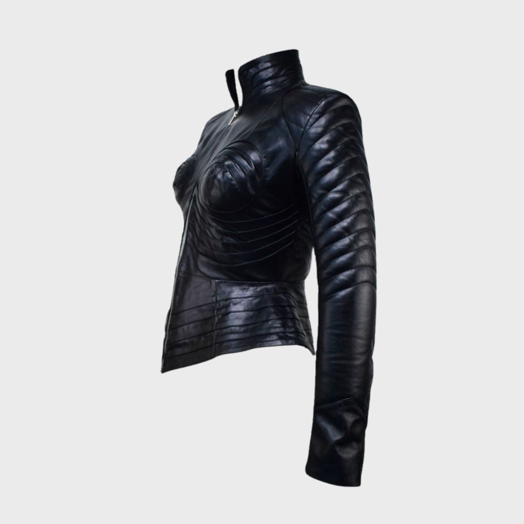 Women’s black leather padded jacket with mock collar and sleek design, sold by Ninetino.