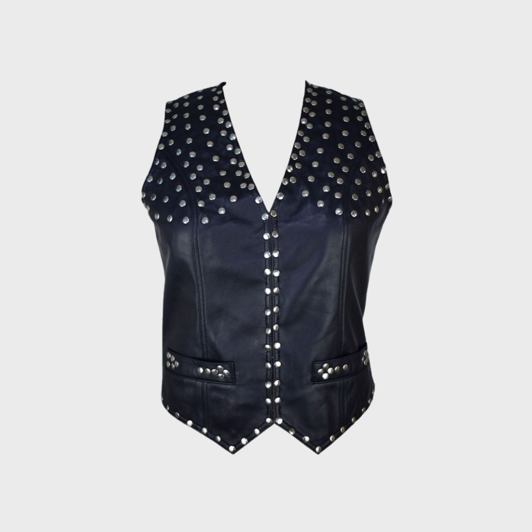 Women’s black leather studded biker vest with V-neck and two body pockets.