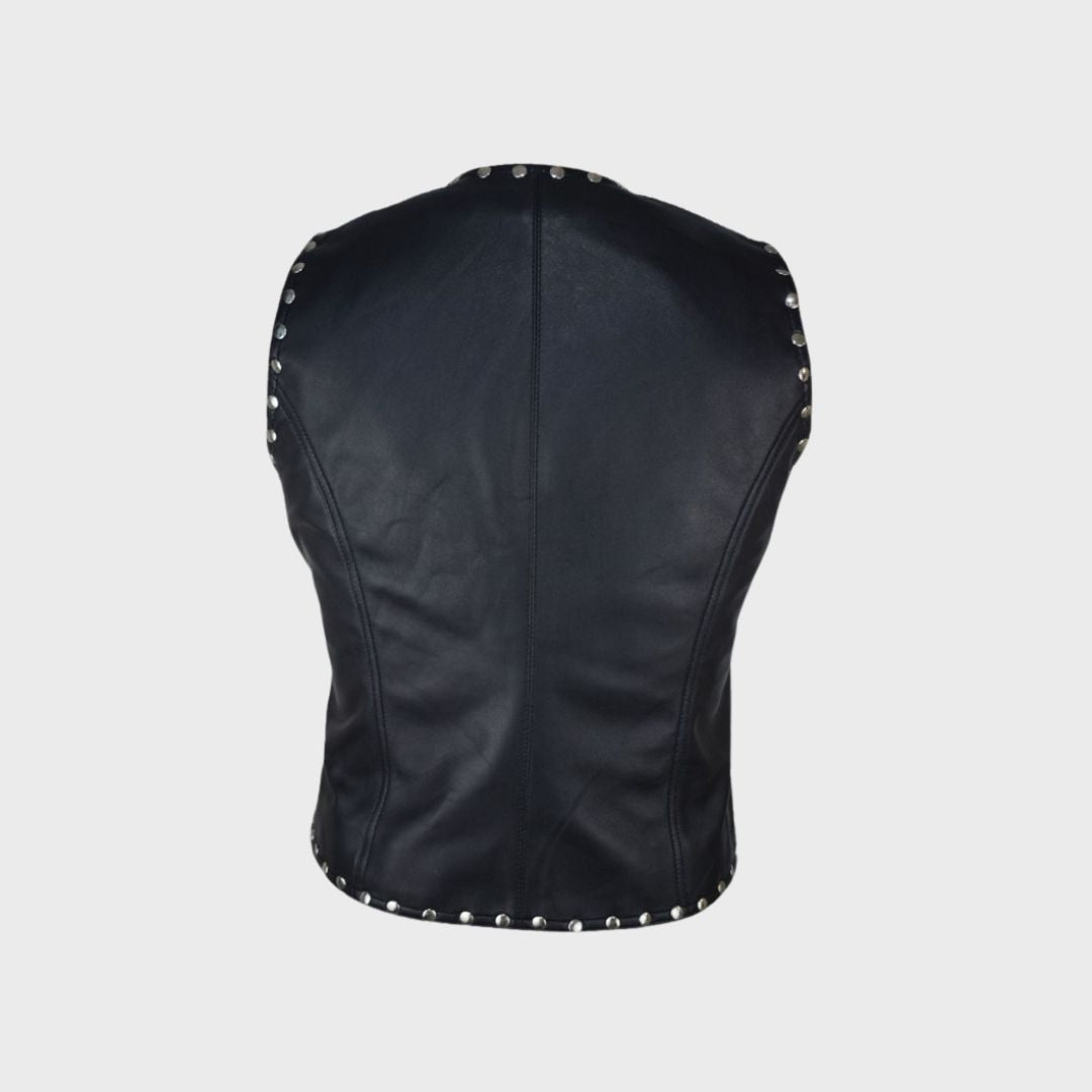 Black leather studded biker vest for women, crafted from soft lambskin.