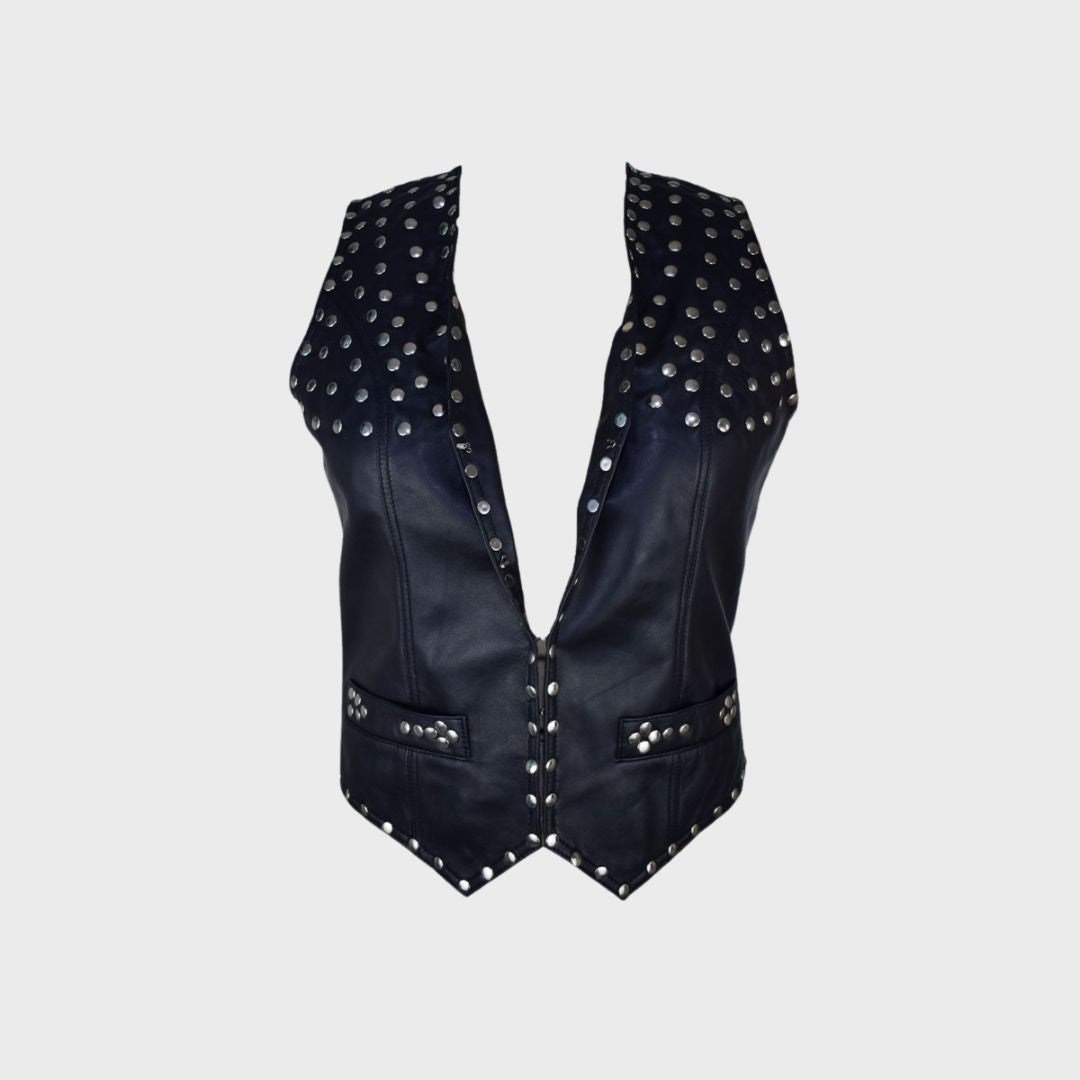 Lambskin black leather studded vest for women with body pockets and V-neck.