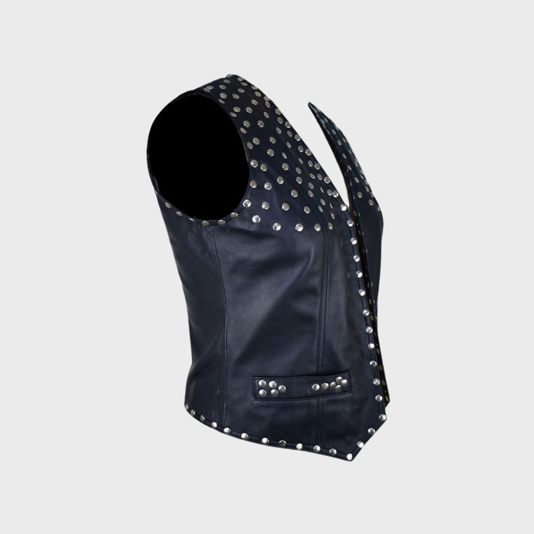 Women’s black leather biker vest with studs and V-neck design.