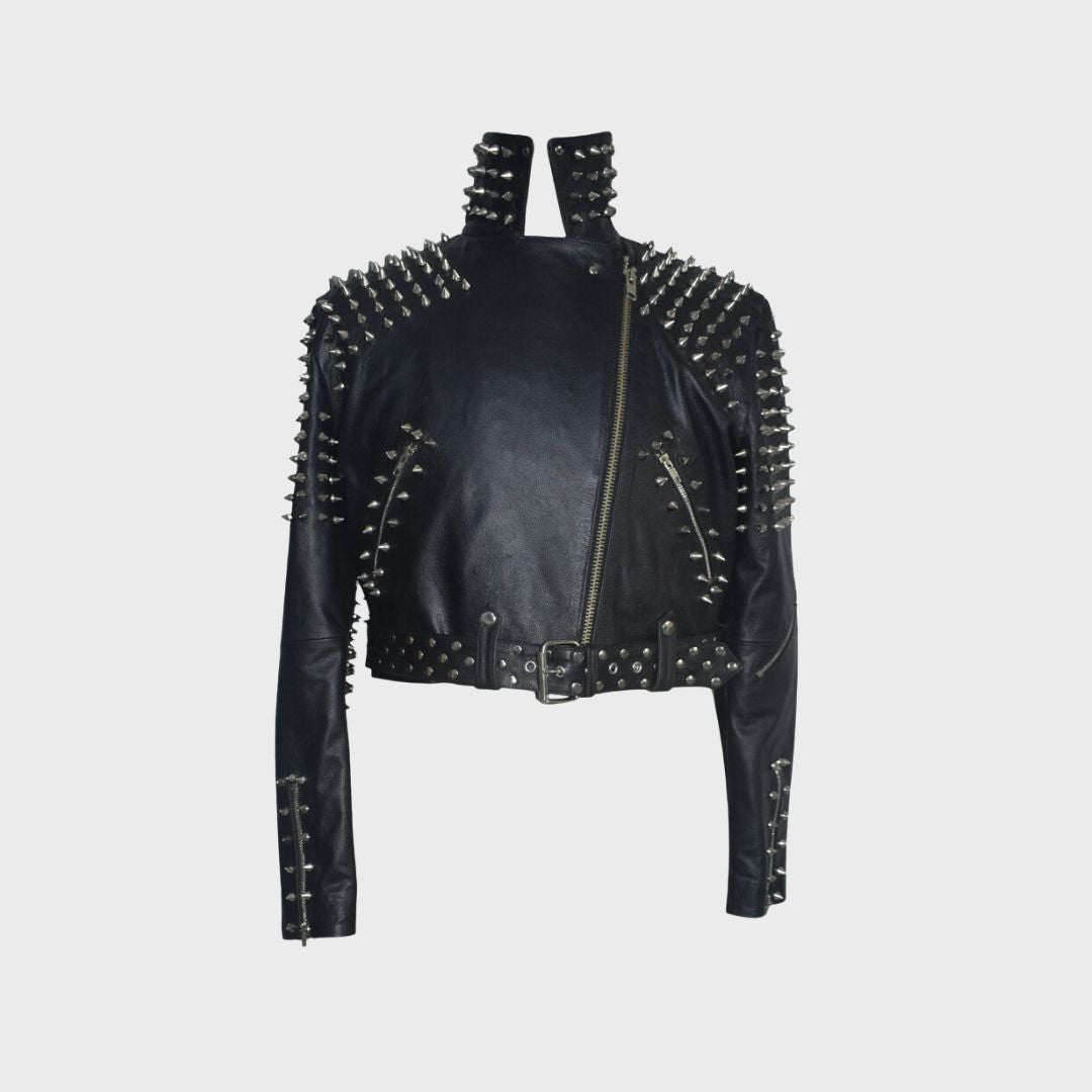 lambskin studded biker jacket cropped for women