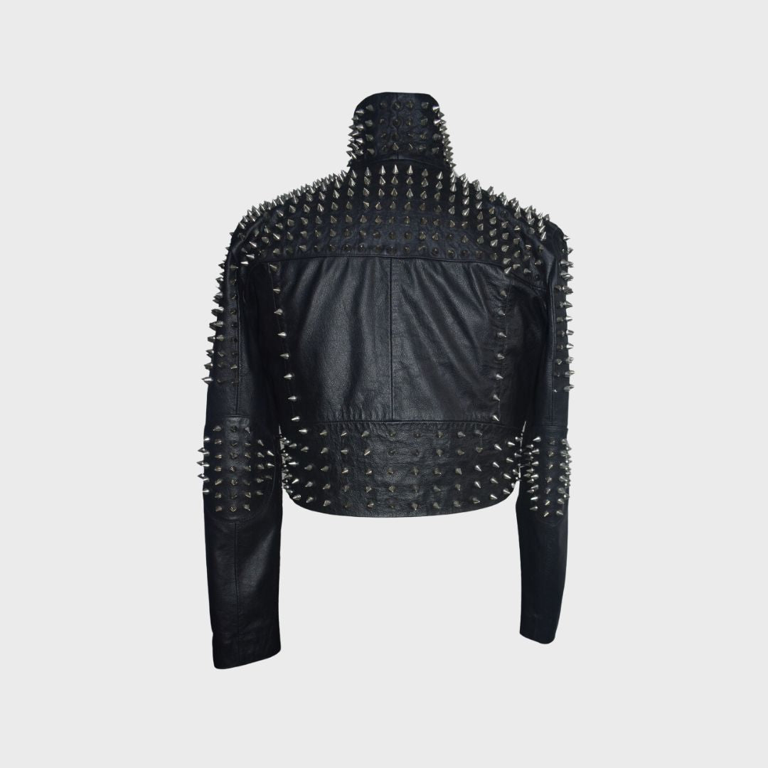 Spiked studded cropped biker leather jacket for women