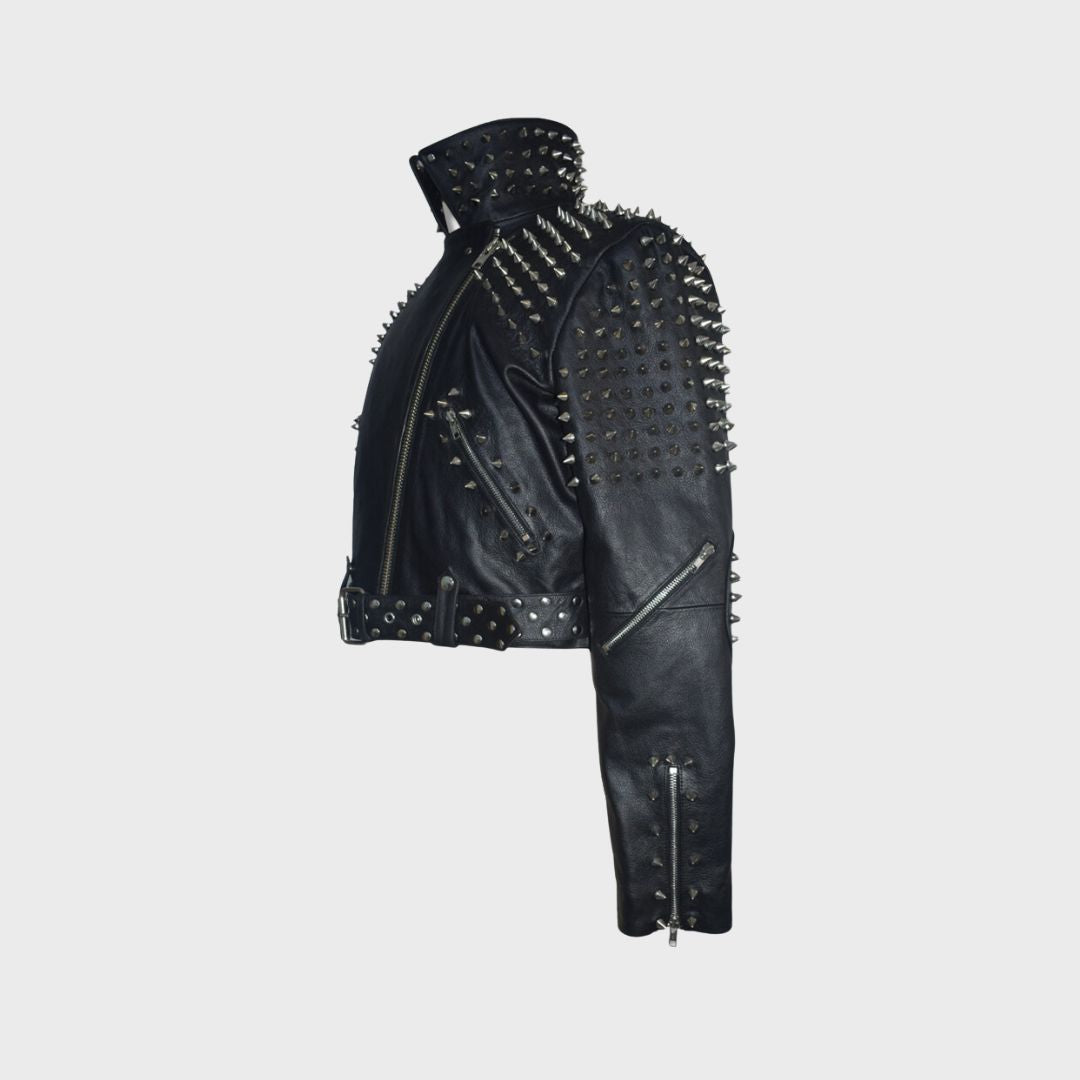 Full silver metal spiked studded leather jacket for women