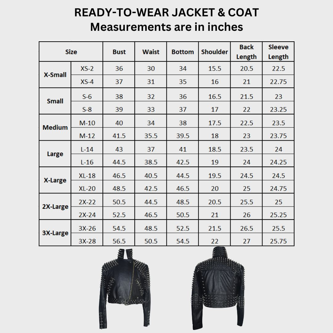 Size chart of black leather silver studded biker jacket in cropped style with pockets for women