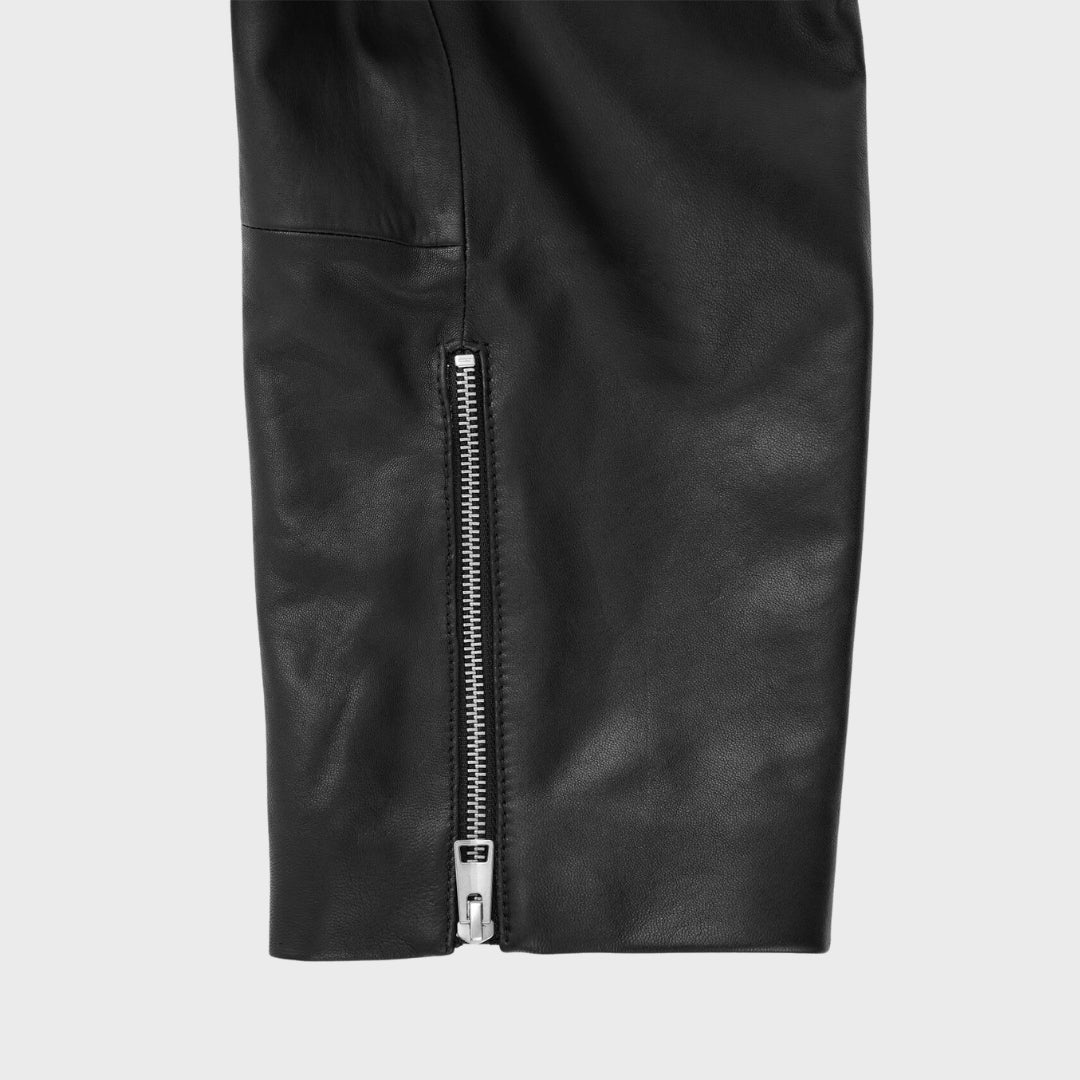 Silver Zipper cuffs on black leather biker jacket