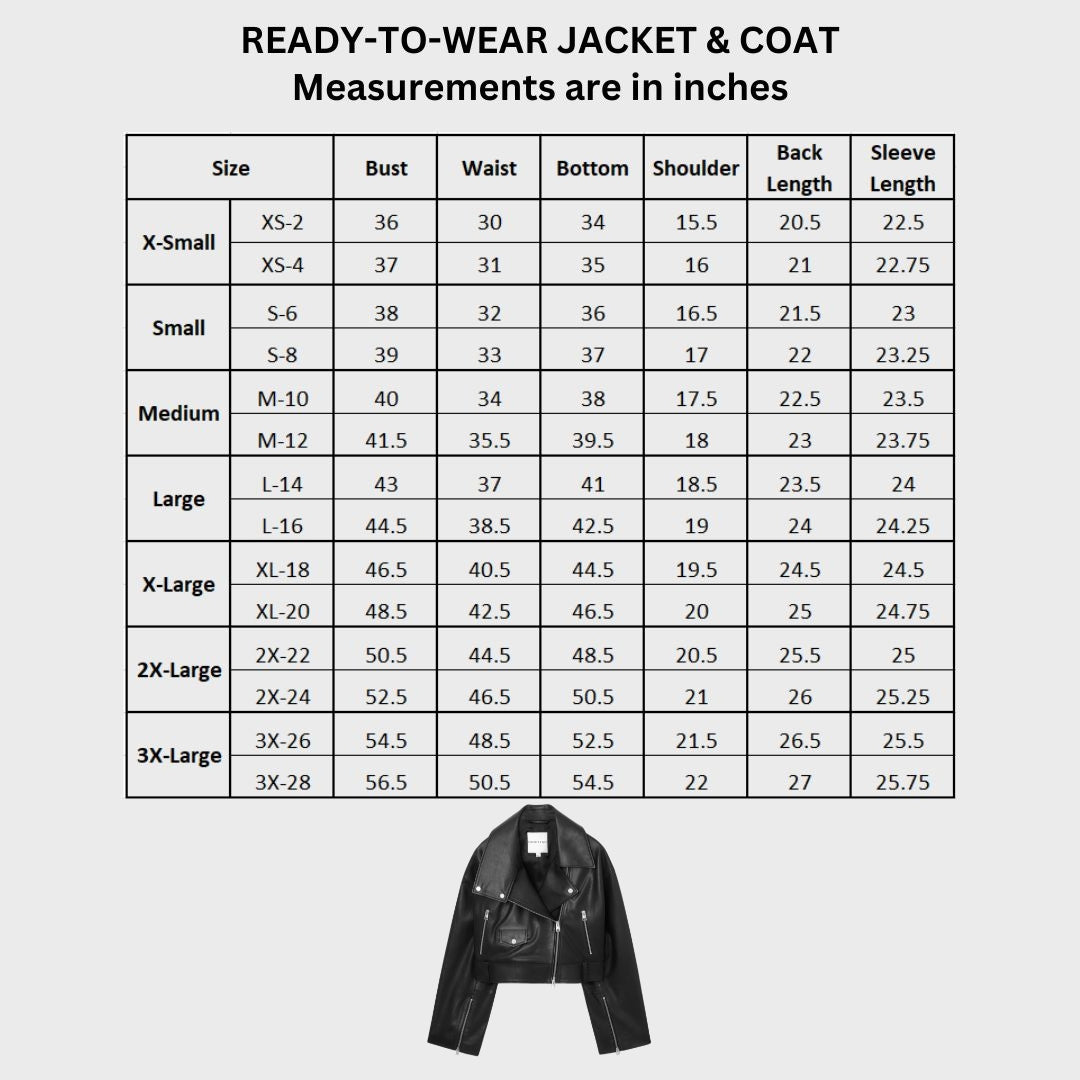 Size chart of black leather biker jacket for women