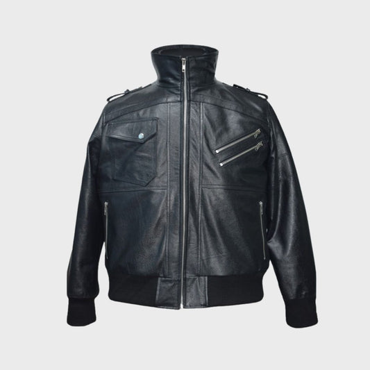 Men’s leather bomber jacket with turtleneck and zipper body pockets available for purchase.