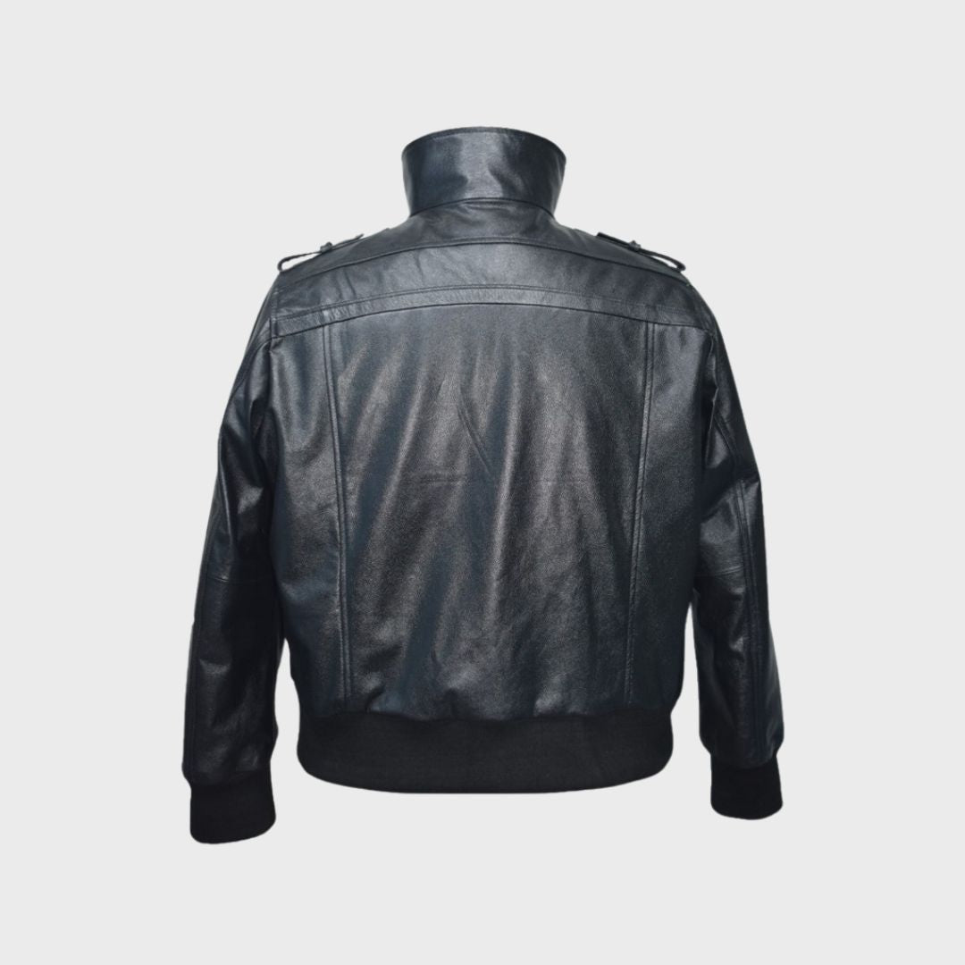 Back view of a men’s leather bomber jacket featuring a sleek turtleneck design.