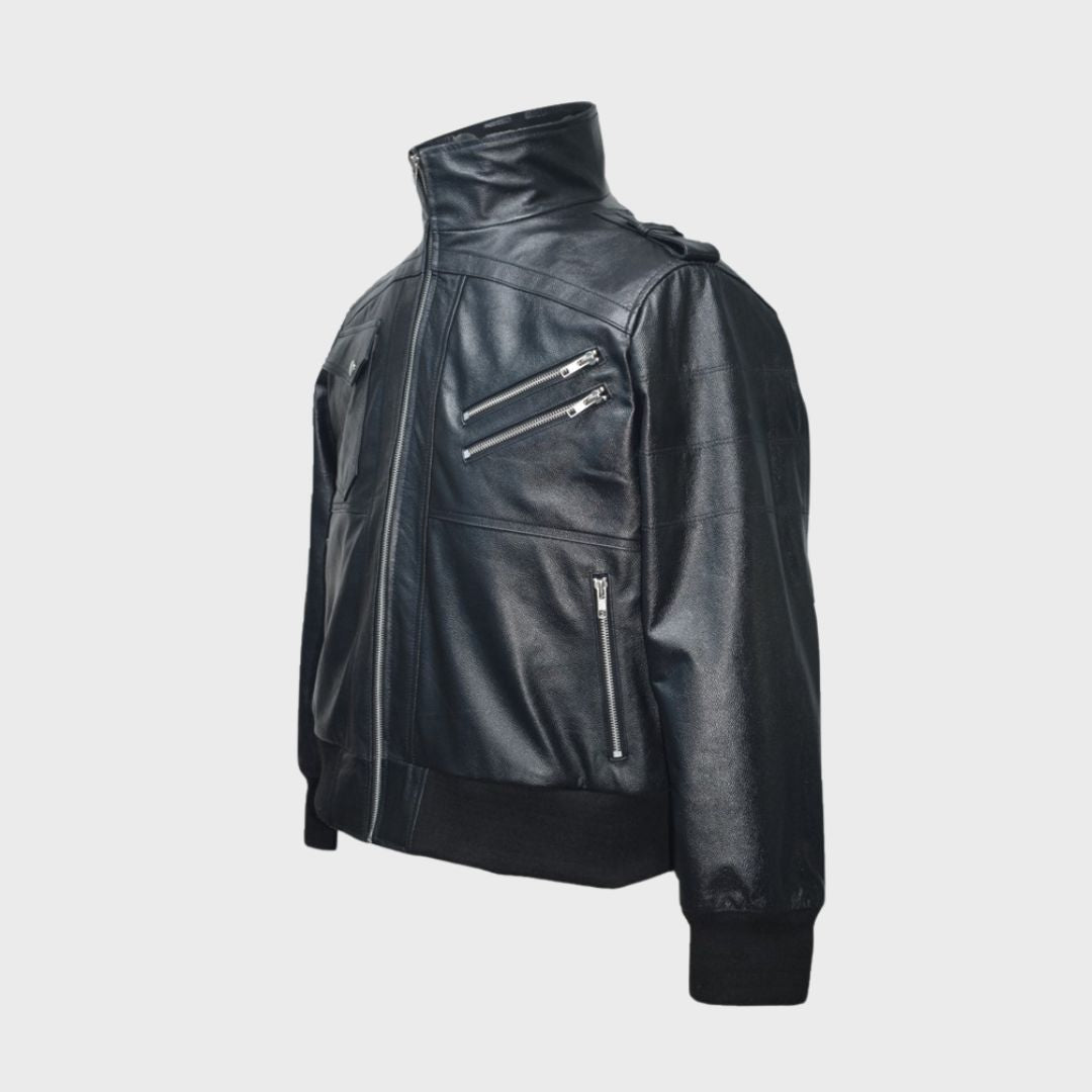 Side view of a leather bomber jacket with two zipper pockets and a turtleneck.