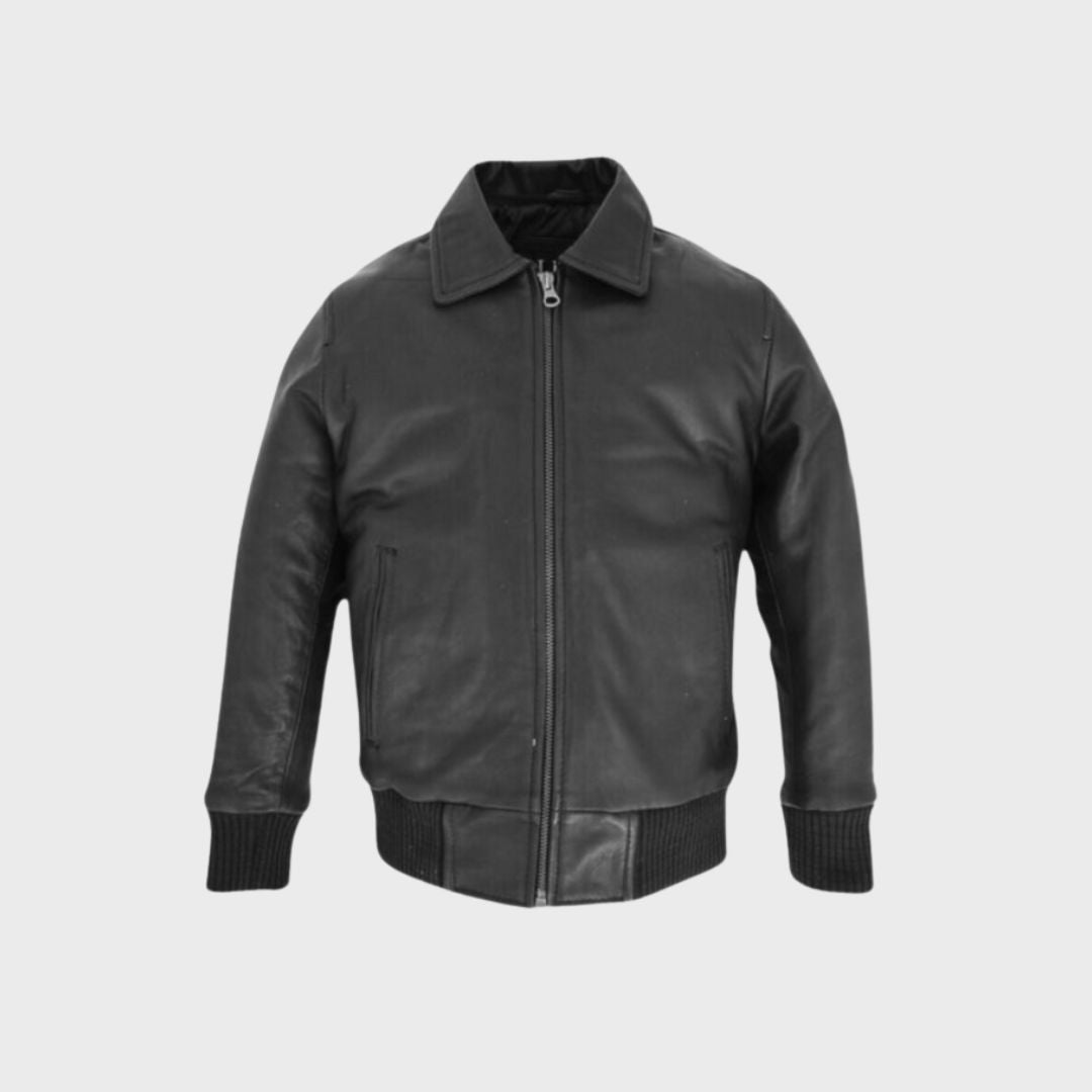 Hugh Black Leather Aviator Bomber Jacket