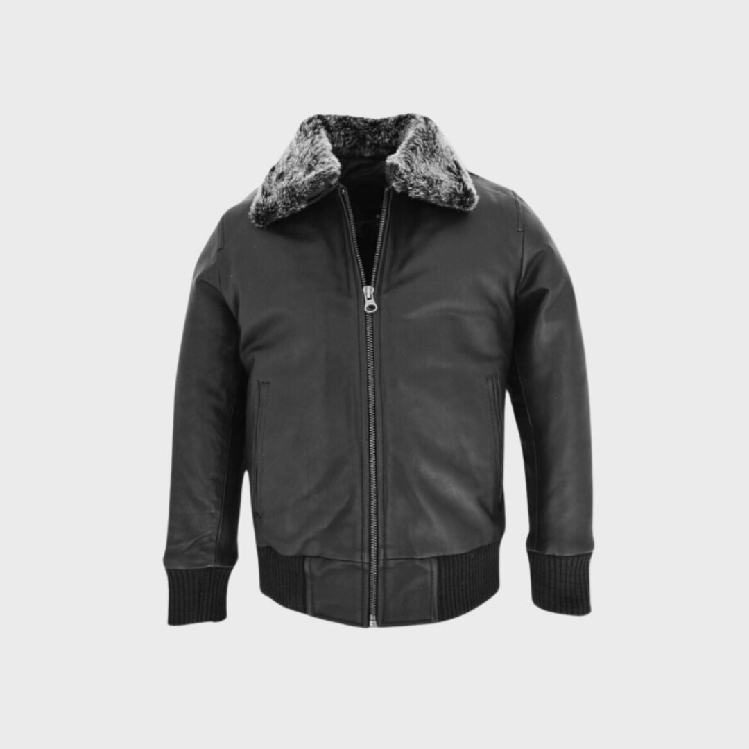 Hugh Black Leather Aviator Bomber Jacket