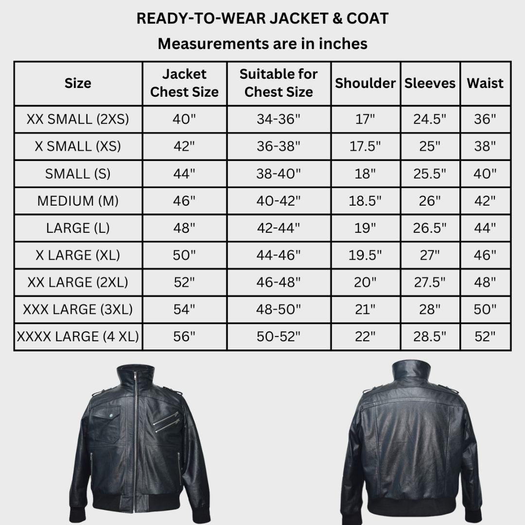 Size chart of a leather bomber jacket with turtleneck, showing off the zipper pockets.