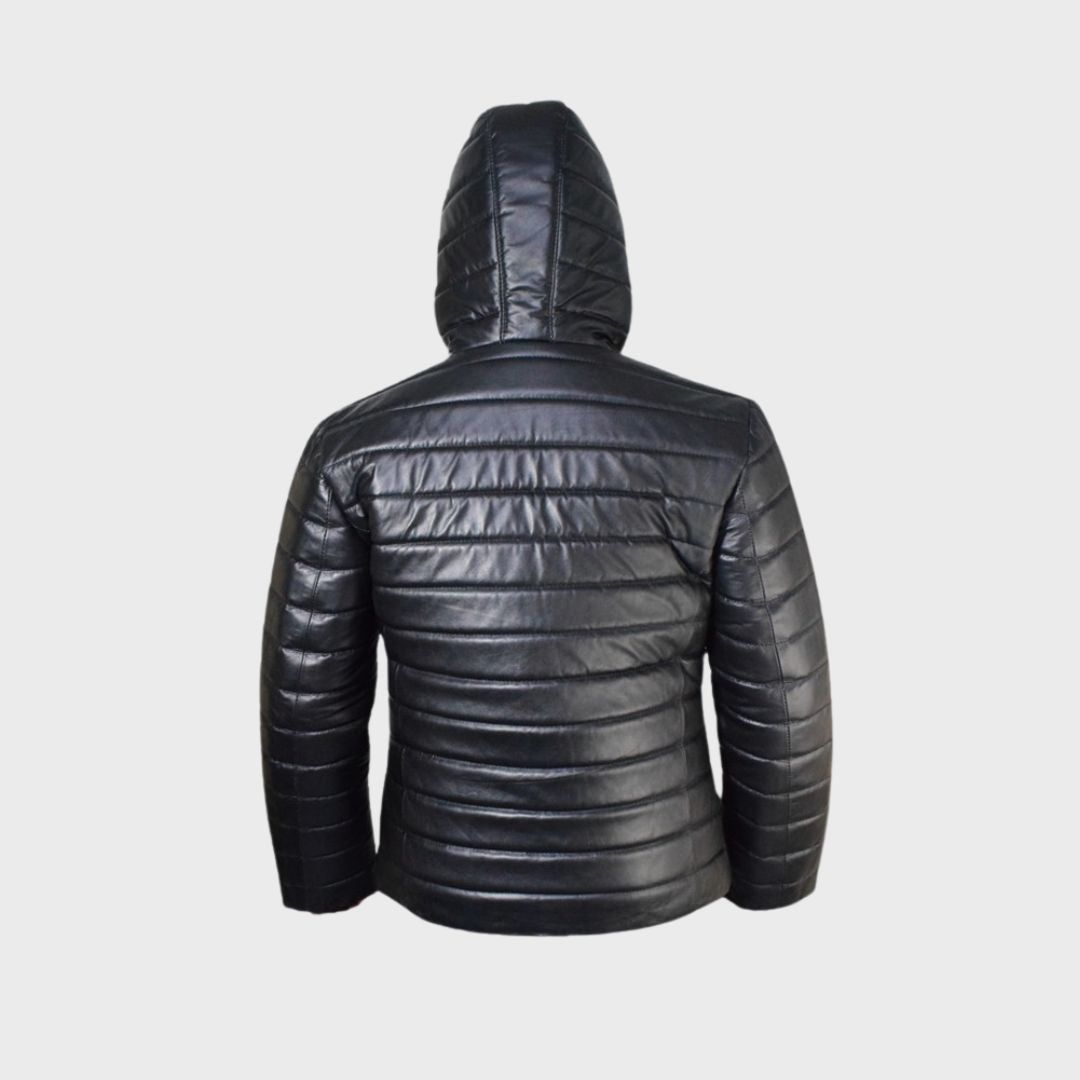 Back of black leather puffer jacket with zipper fastening, zipper pockets and hood.