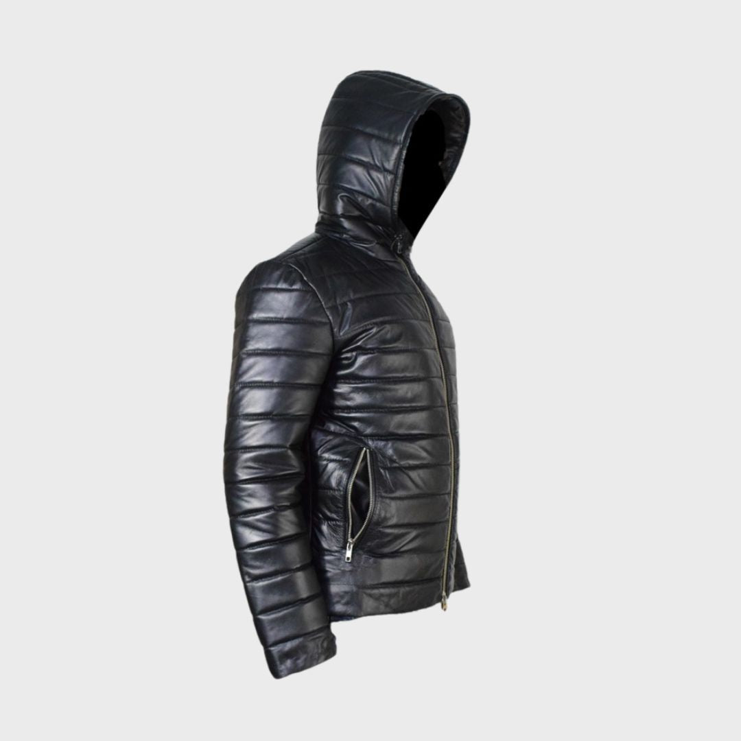 Side of black leather puffer jacket with zipper fastening, zipper pockets and hood.