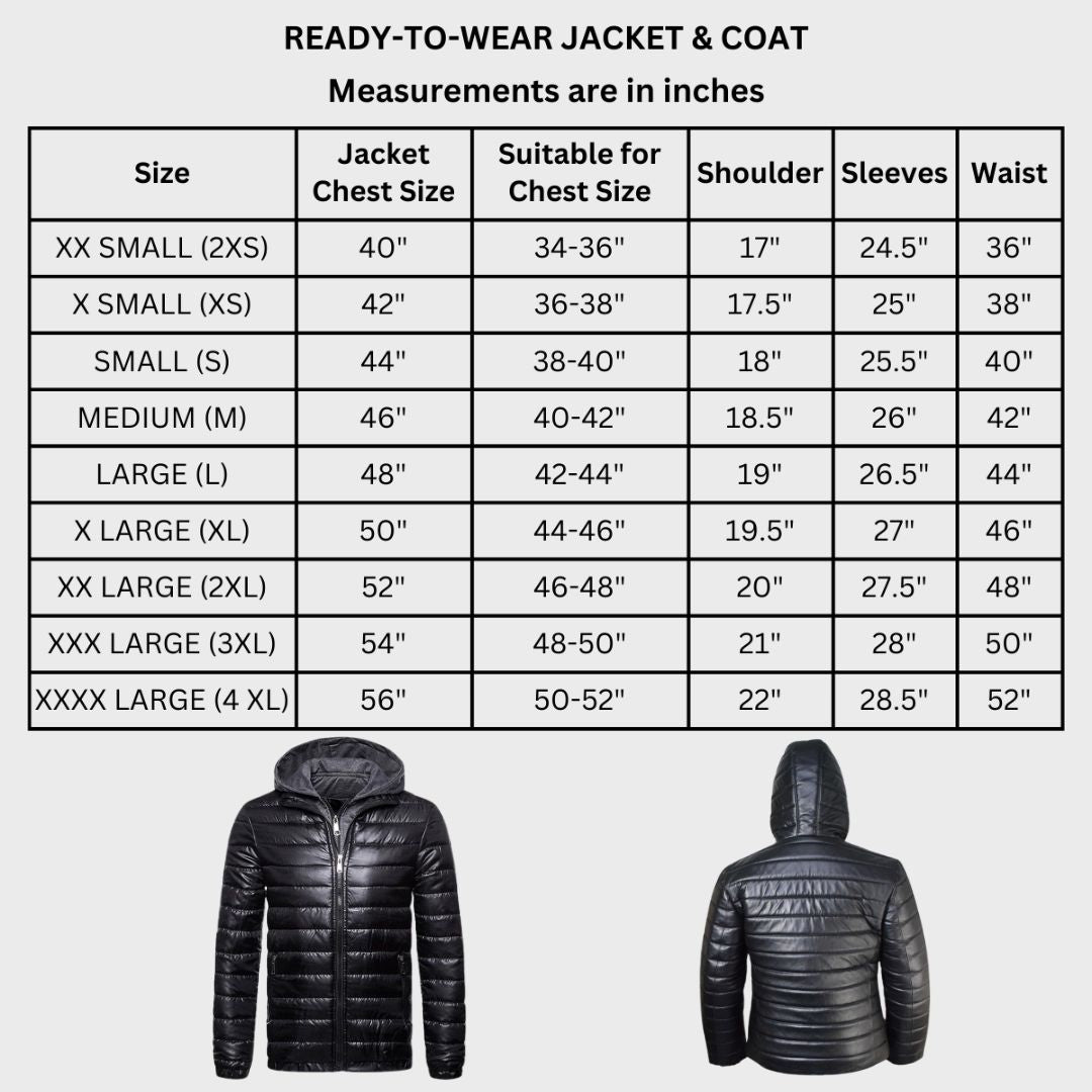 Size chart of black leather puffer jacket with zipper fastening, zipper pockets and hood.